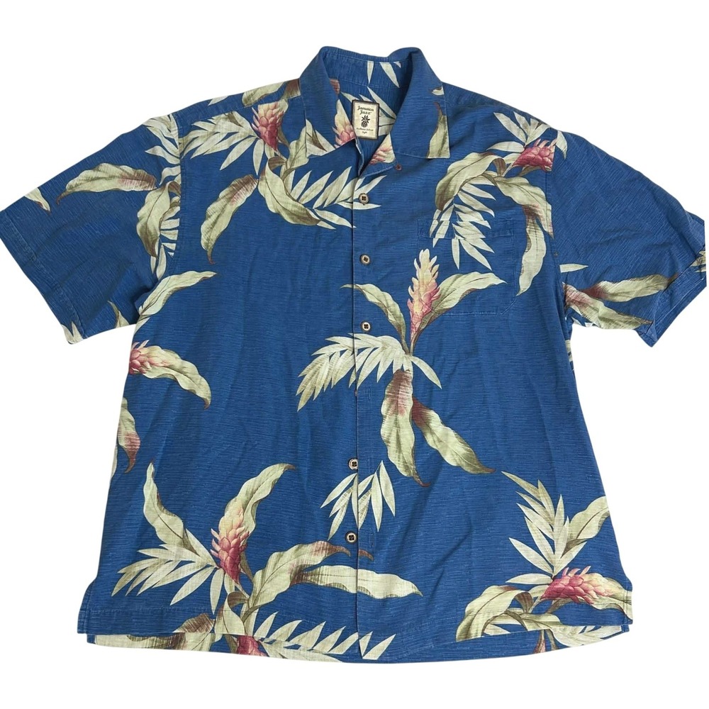 Jamaica Jaxx Mens Large Blue Silk Tropical Floral Palm Short Sleeve Button Shirt